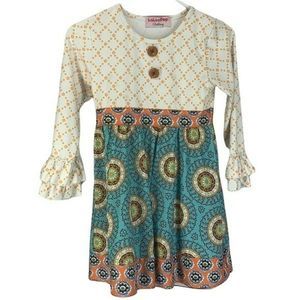 Laleepop Clothing‎ 8/10T Multi Print long sleeve paisley teal blue orange Dress